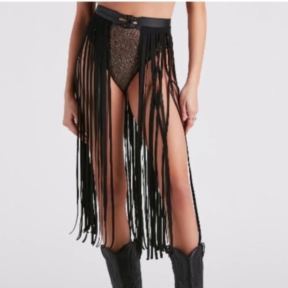 Faux Leather Fringe Belt Skirt